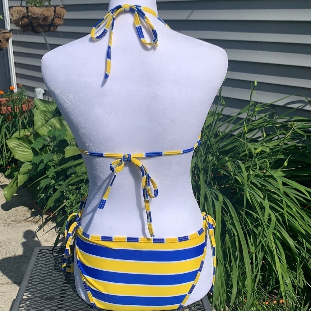Blue & Yellow Striped String Bikini - Picture 3 of 7